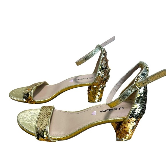 NEW STEVE MADDEN GOLD SEQUIN BLOCK
HEEL DRESS SANDALS - Picture 1 of 5